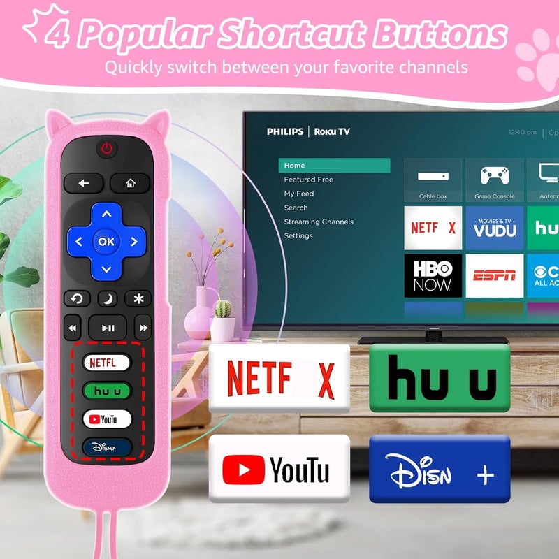 SOTATOO Replacement Remote Control for Roku TV with Pink Soft Protective Case(Glow in The Dark), Universal Remote for TCL Roku/Hisense Roku/Onn Roku/Sharp Roku/Element Roku/Philips Roku Smart TVs - Image 4